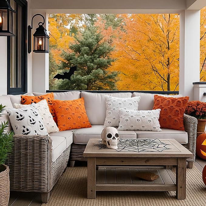 Halloween Skull, Ghost & Pumpkin Cushion Cover