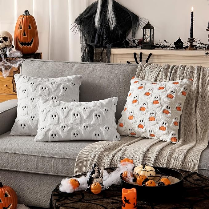 Halloween Skull, Ghost & Pumpkin Cushion Cover
