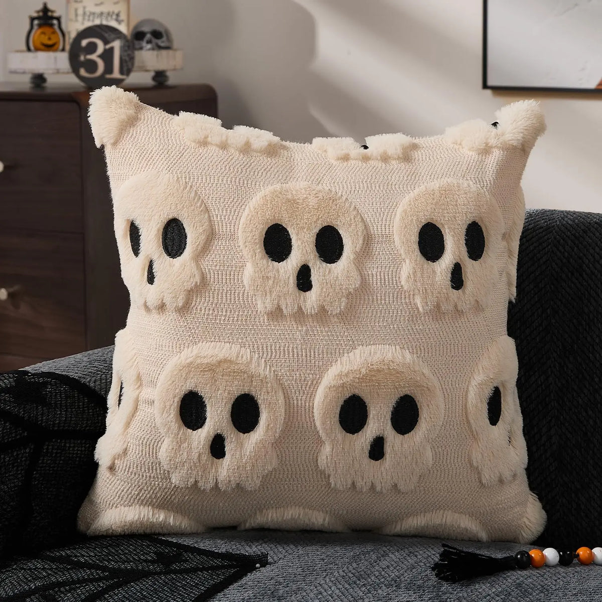 Beige Skull Halloween Cushion Cover - TheOrivana