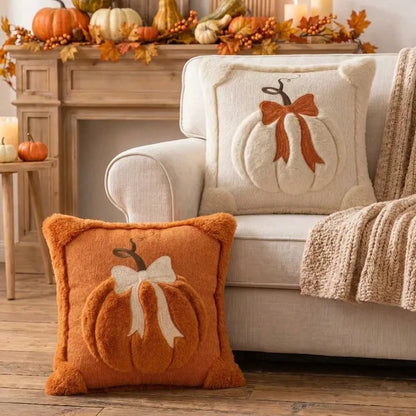 Bow Pumpkin Embroidered Cushion Cover