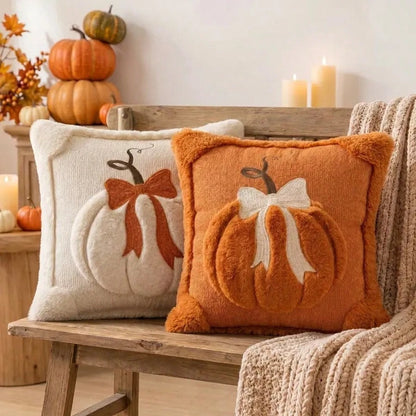 Bow Pumpkin Embroidered Cushion Cover