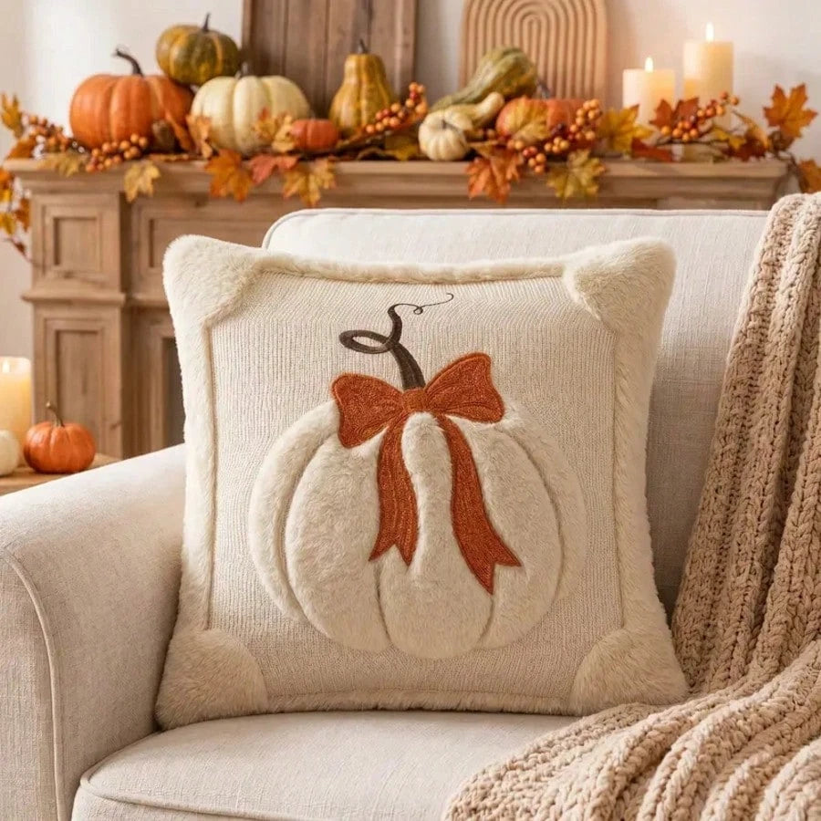 Bow Pumpkin Embroidered Cushion Cover
