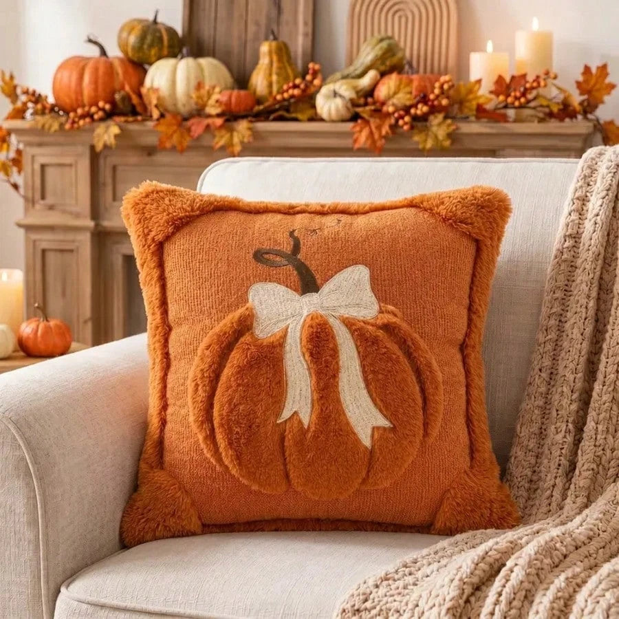 Bow Pumpkin Embroidered Cushion Cover