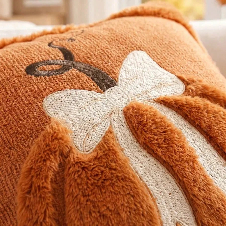 Bow Pumpkin Embroidered Cushion Cover