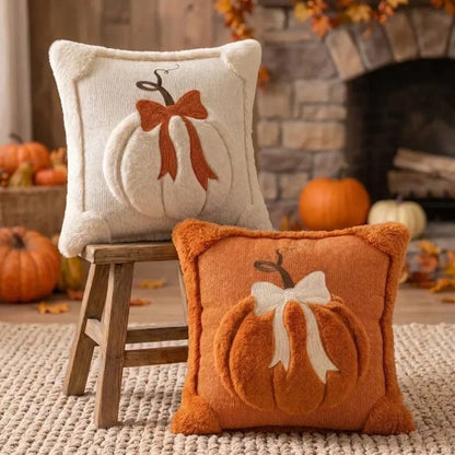 Bow Pumpkin Embroidered Cushion Cover