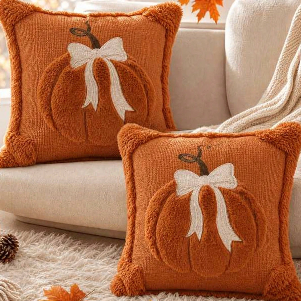 Bow Pumpkin Embroidered Cushion Cover